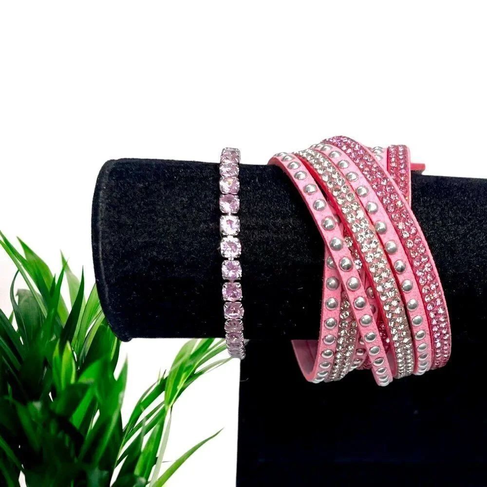 LOT of Pink l Rhinestone Adorned Bracelet l Double-leather pink wrap/wristband..